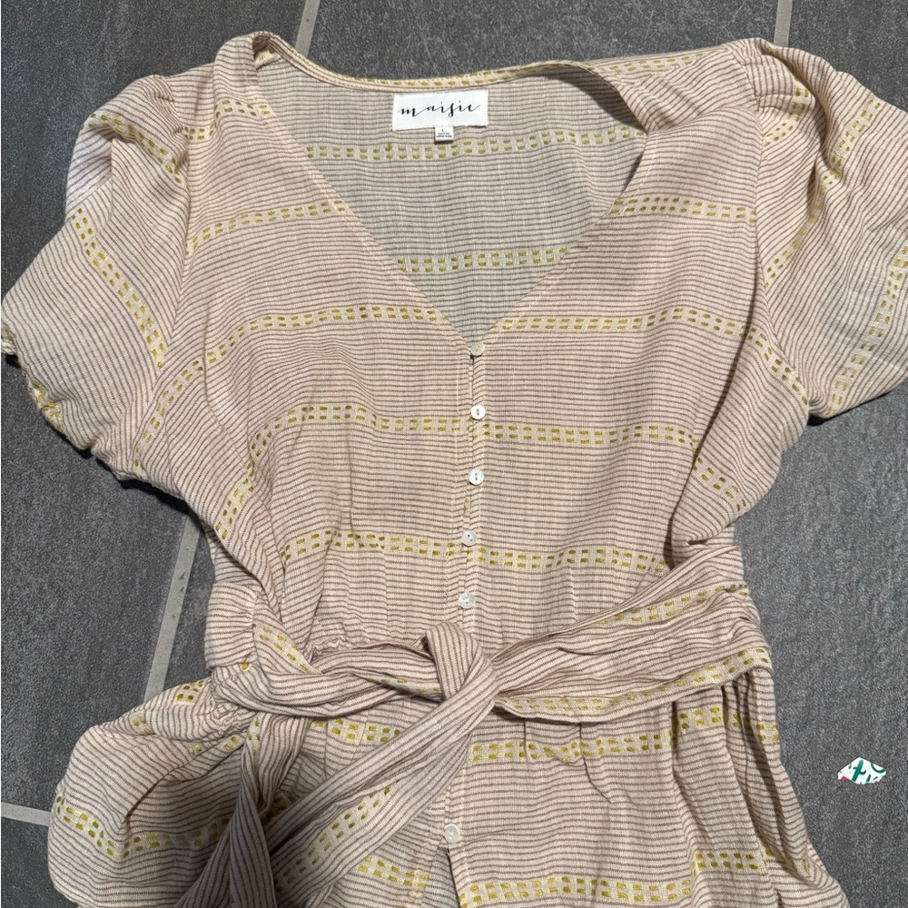 Maggie Beige Striped Button-Down Peplum Top
